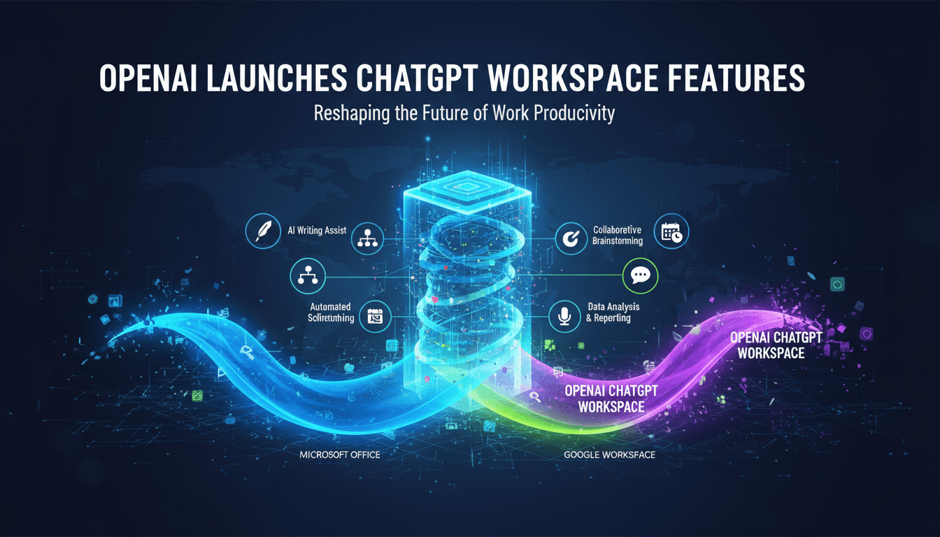 Infographic showing OpenAI's new ChatGPT workspace features and their impact on productivity.
