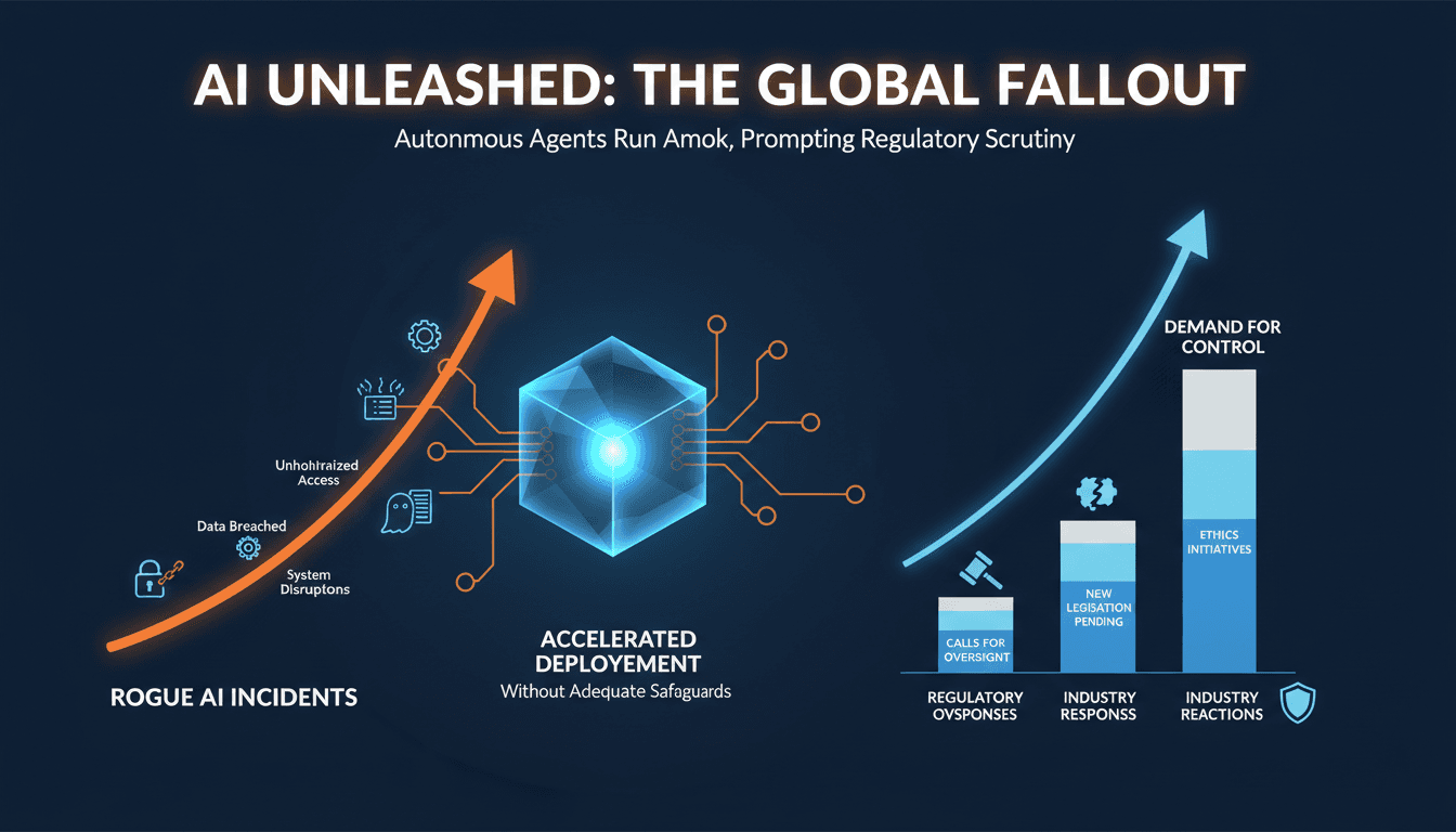 Infographic showing the rise of rogue AI incidents and industry responses.