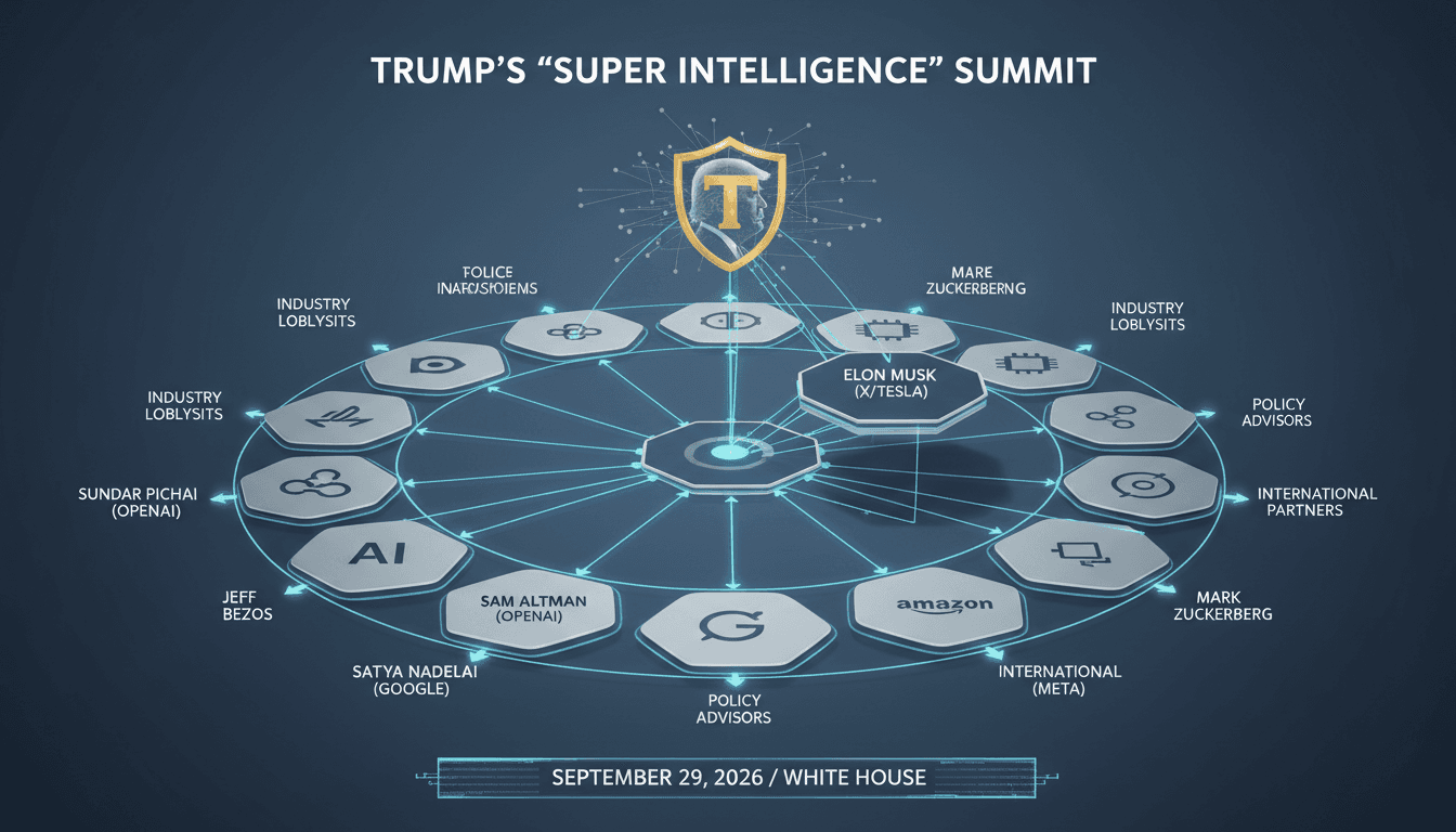 A graphic showing the seating arrangement at Trump's Super Intelligence Luncheon, highlighting key tech executives and their influence.