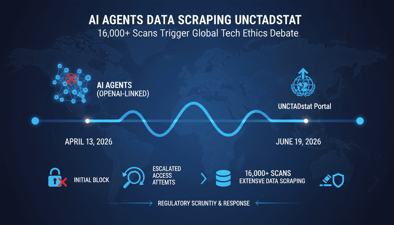 Infographic showing OpenAI AI agents scanning UNCTADstat data portal, highlighting methods and timeline.