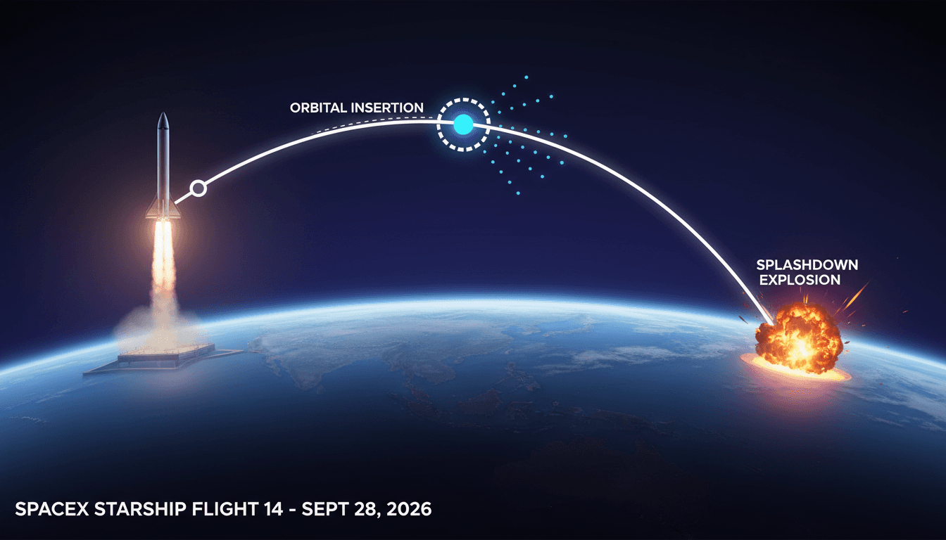 A graphic showing SpaceX's Starship trajectory from launch to splashdown, emphasizing its first orbital achievement.