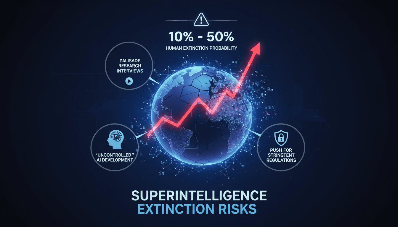 Infographic showing AI extinction risks estimates from leading researchers and their implications.