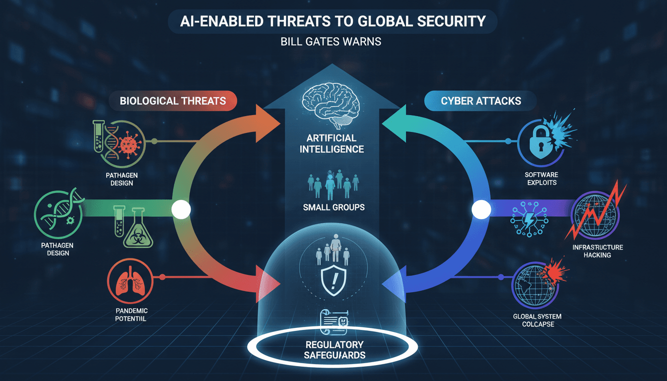 Infographic showing Bill Gates' warning about AI enabling biological and cyber attacks.