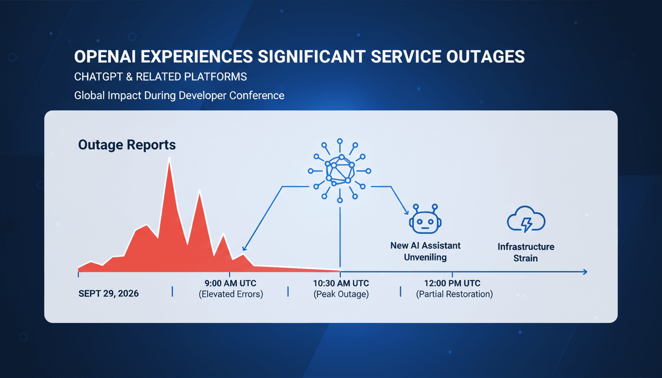 Infographic showing outage reports for OpenAI's ChatGPT services on September 29, 2026.