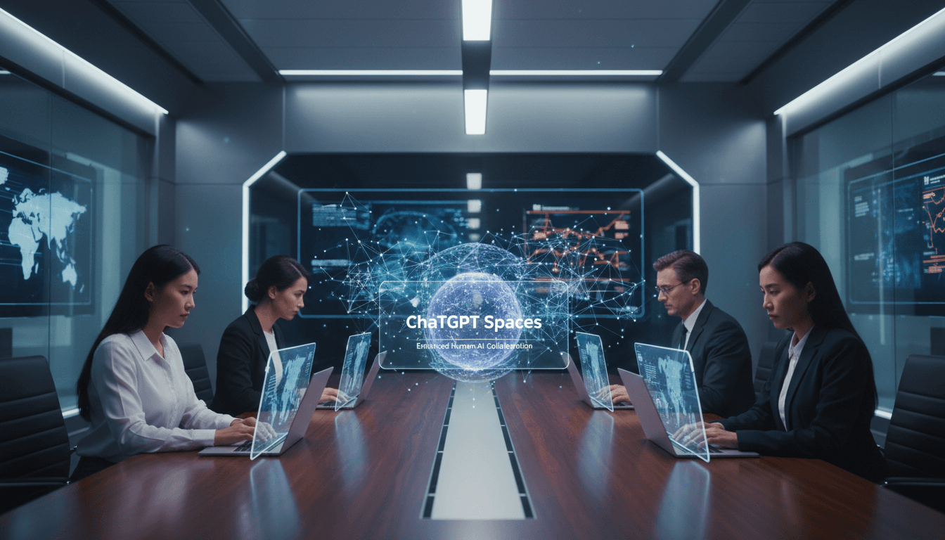 Professionals collaborating in a modern workspace using OpenAI's ChatGPT Spaces for enhanced productivity.
