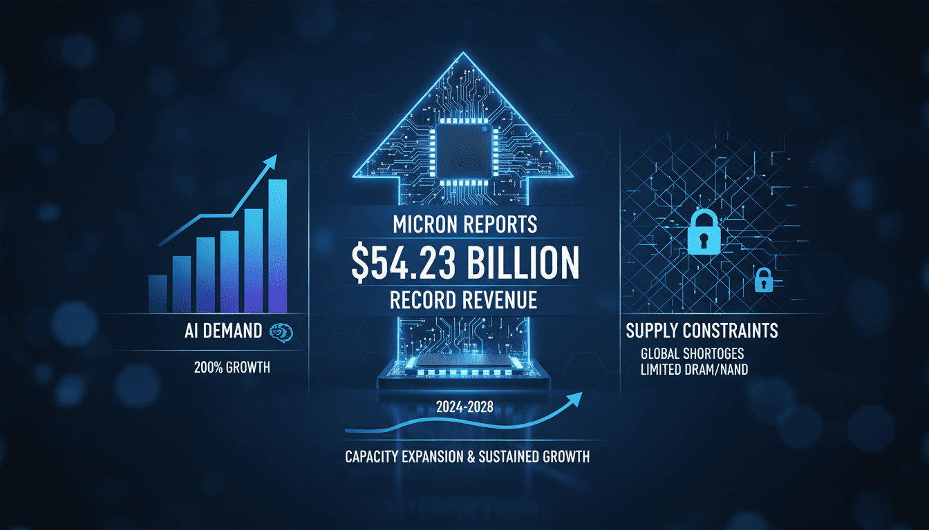 Micron Technology's record revenue report highlighting AI demand and supply constraints in the semiconductor industry.