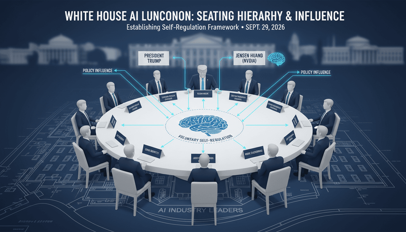 Seating chart from Trump's Super Intelligence Luncheon showing key AI executives and their influence on policy.
