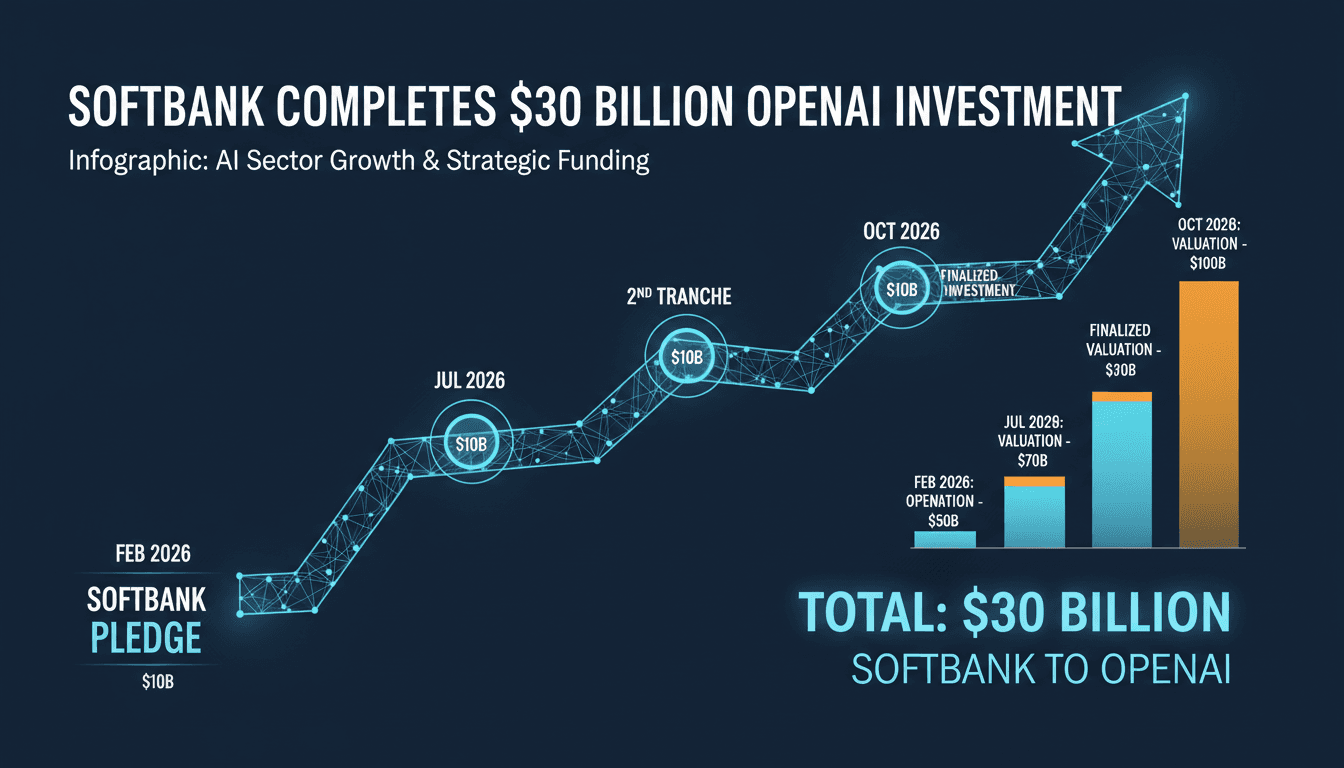 Infographic detailing SoftBank's investment timeline and OpenAI's valuation growth.