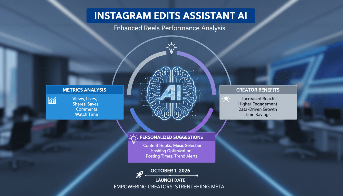 An infographic detailing Instagram's Edits Assistant AI tool features for creators.