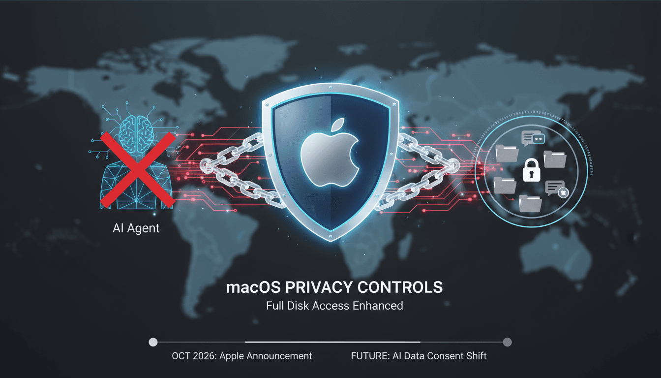 Infographic showing Apple's new macOS privacy controls and their impact on user data access.