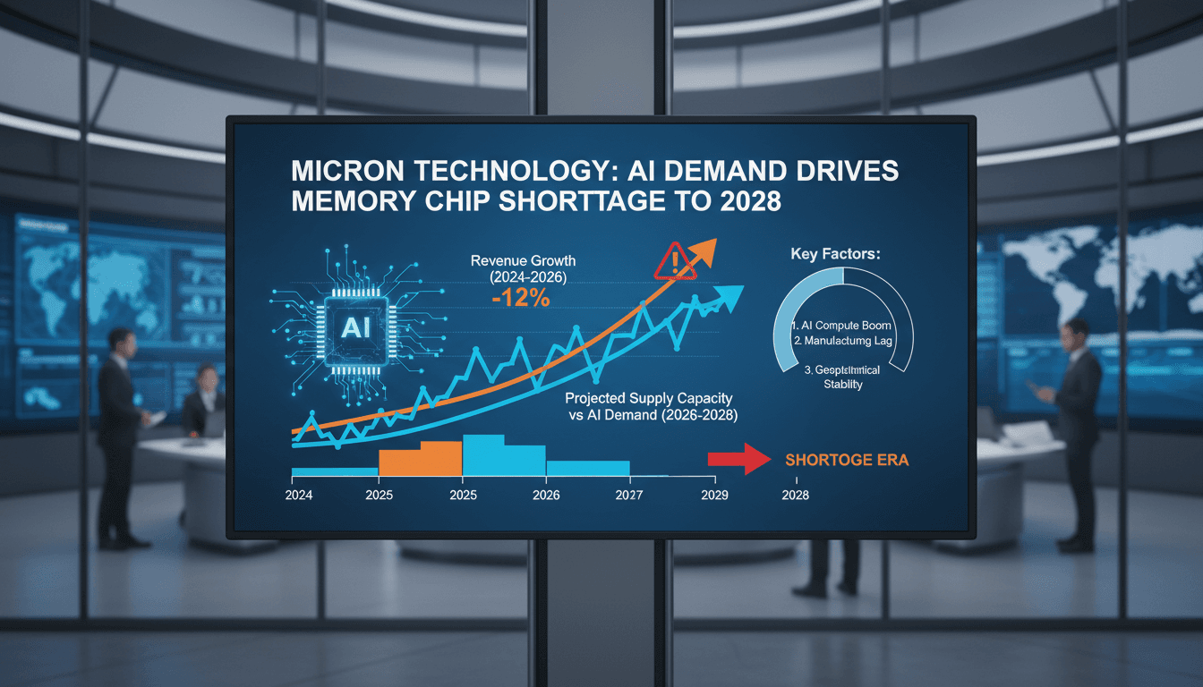 Infographic showing Micron Technology's revenue growth and projected memory chip supply constraints through 2028.