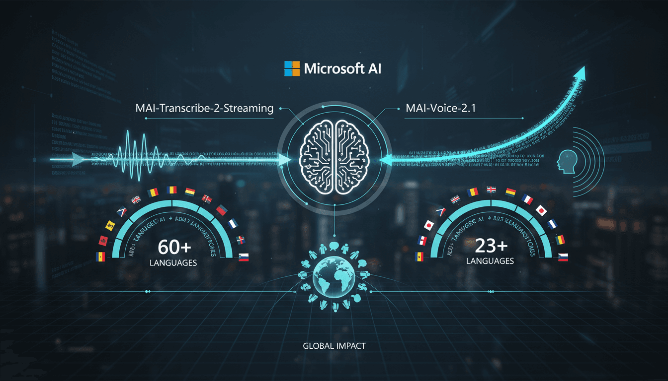 Infographic showing Microsoft AI's MAI-Transcribe-2-Streaming and MAI-Voice-2.1 models capabilities and features.