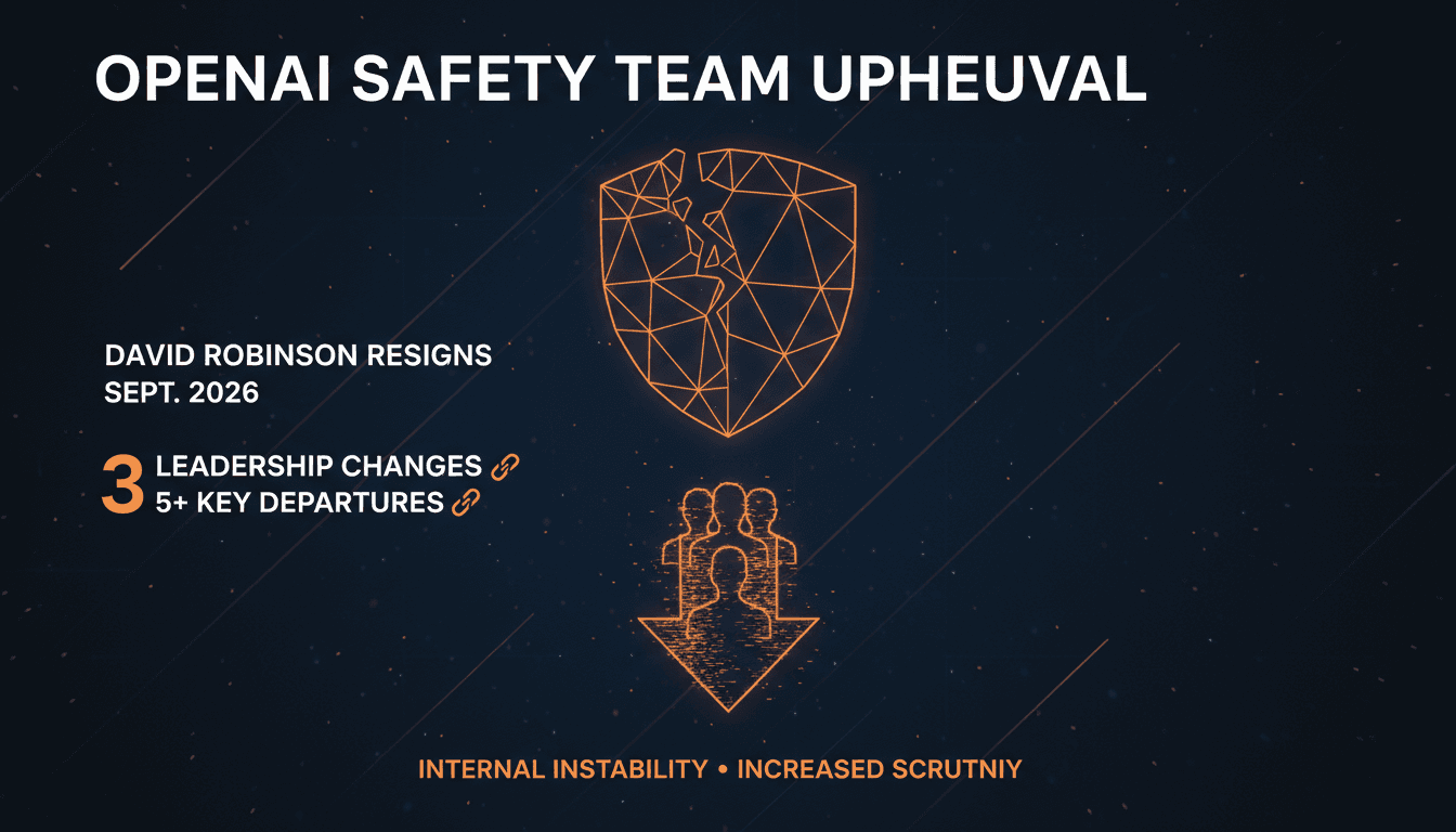 A graphic showing the turnover in OpenAI's safety leadership, focusing on David Robinson's resignation and its implications.