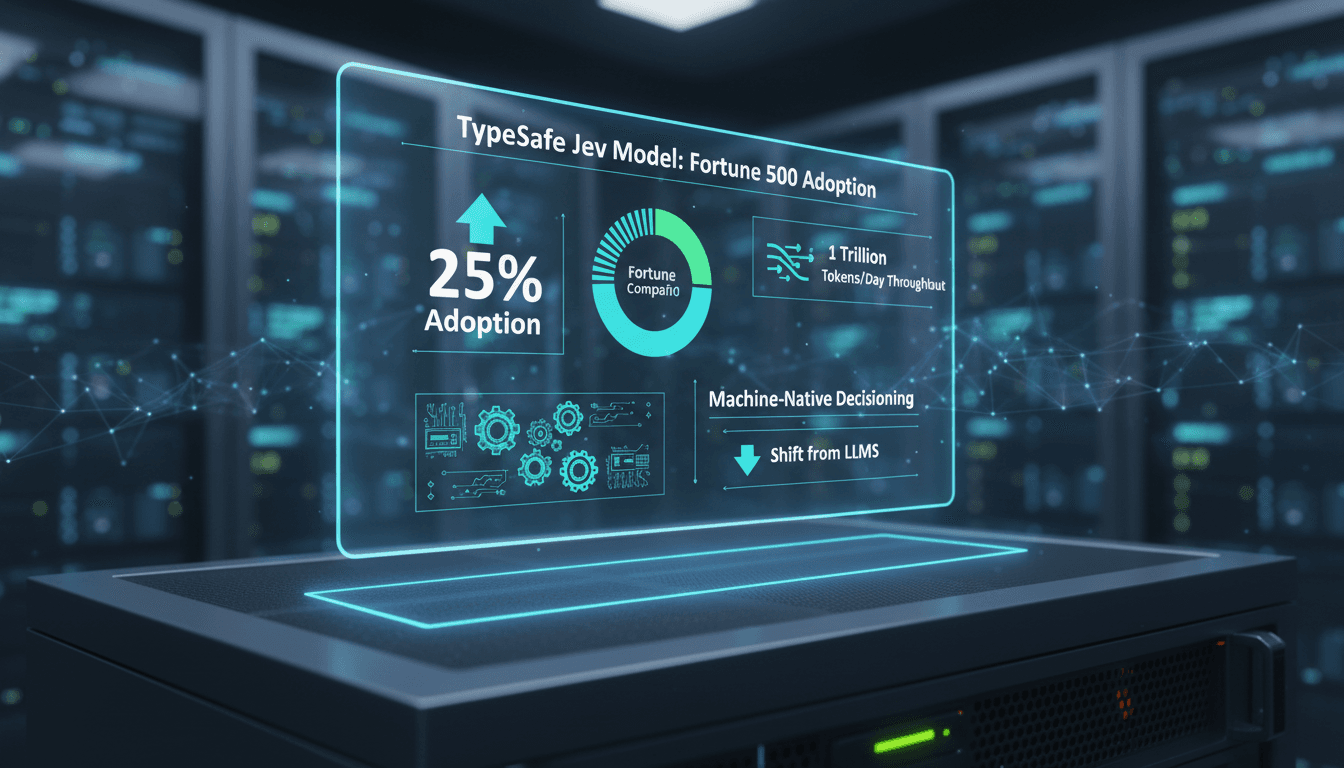 Infographic showing TypeSafe's Jev model adoption rates among Fortune 500 companies and its operational impact.