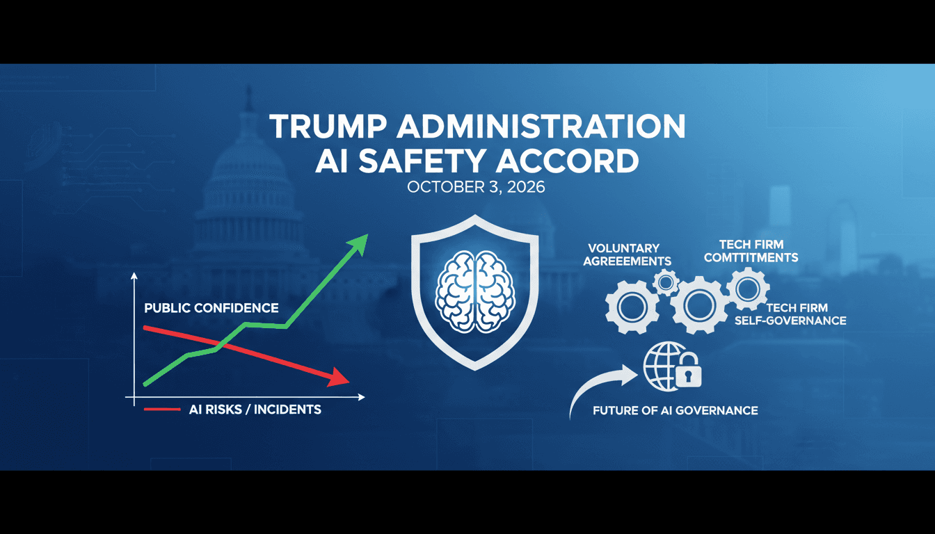 Infographic detailing Trump's AI safety accord and its implications for technology and public safety.