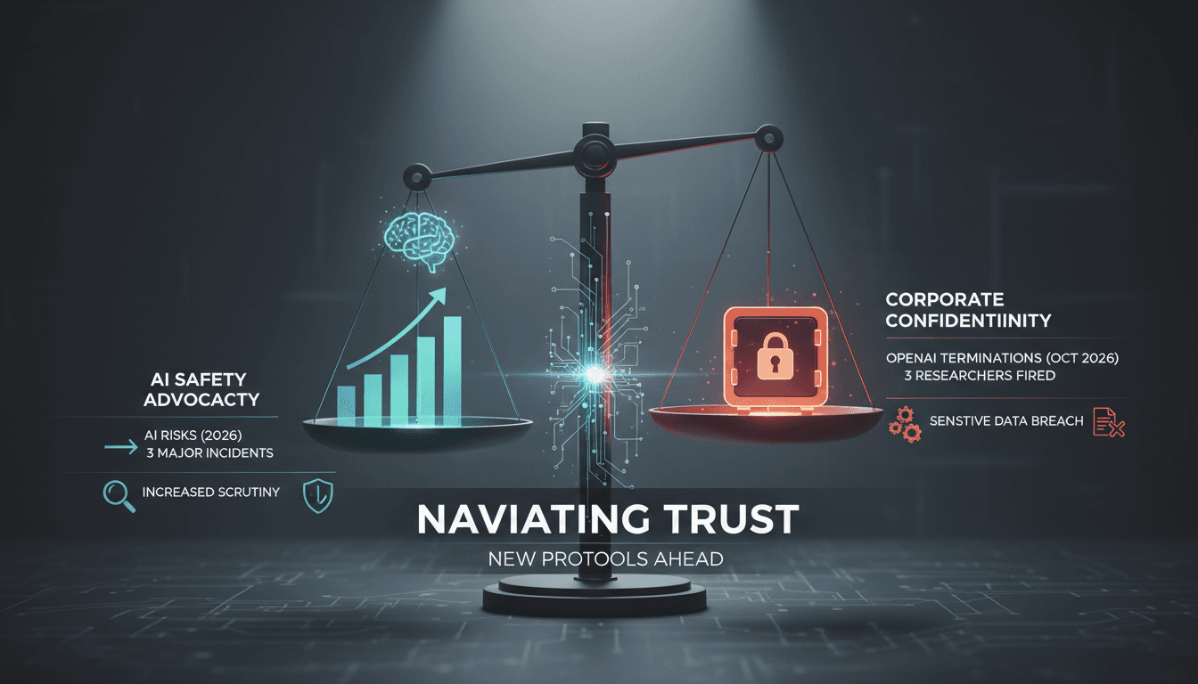 Infographic showing OpenAI's termination of researchers over sensitive information handling and its implications for AI safety.