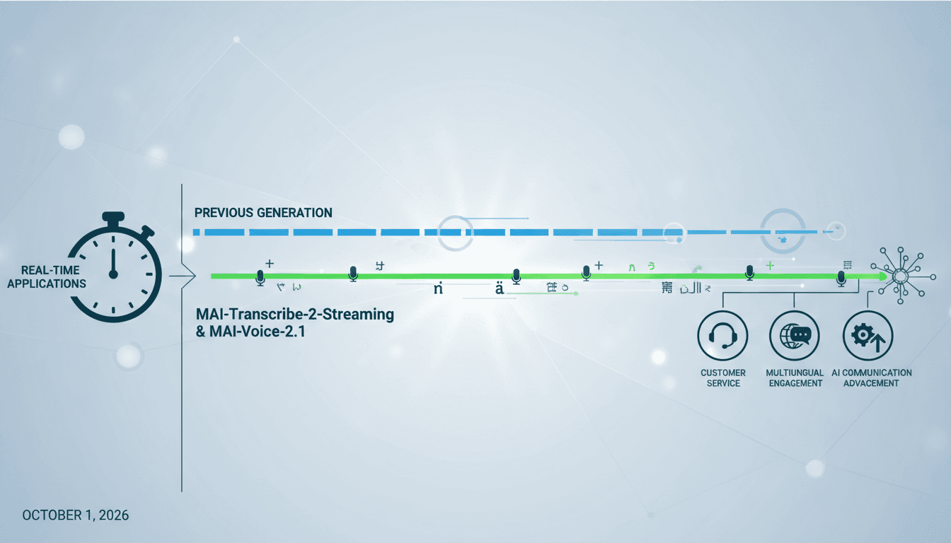 Infographic showing Microsoft AI's new voice models and their capabilities in real-time transcription and multilingual support.