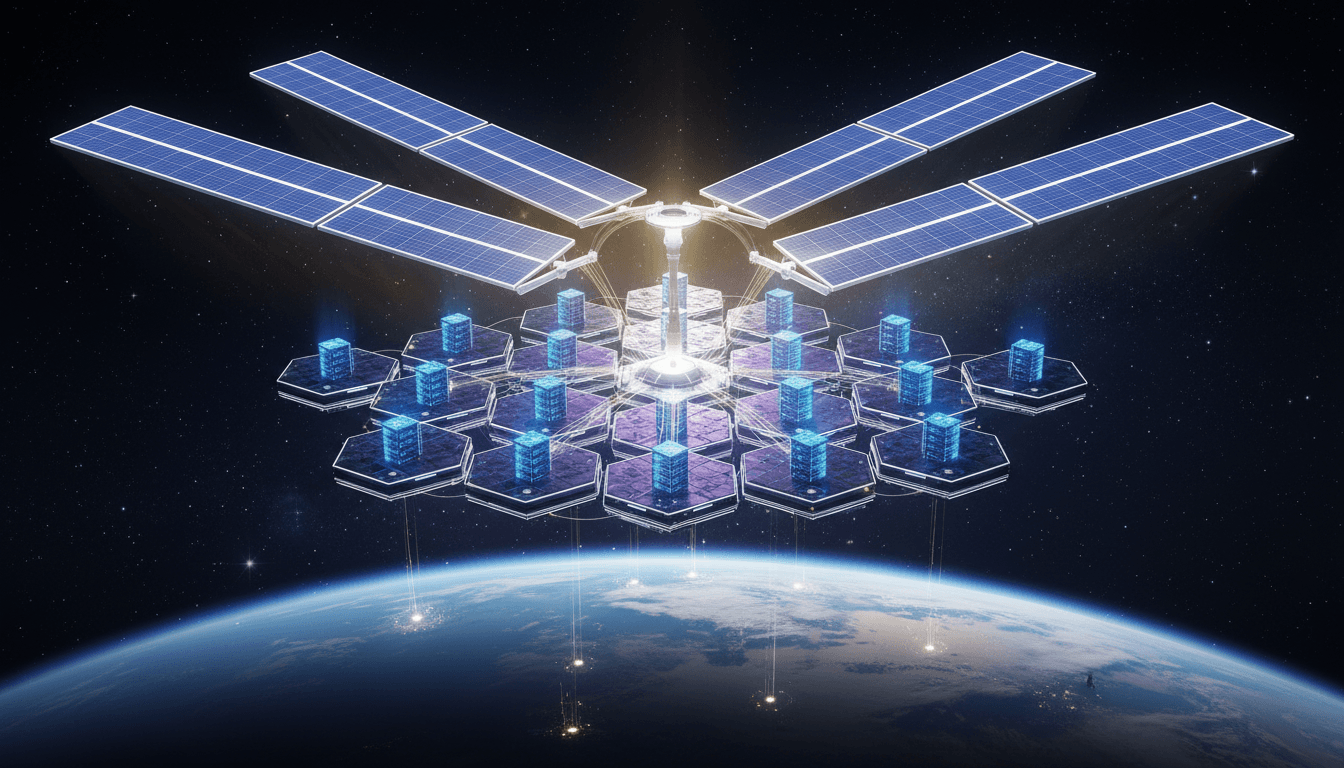 Conceptual diagram of Google's Project Suncatcher illustrating AI chips in space and solar energy utilization.