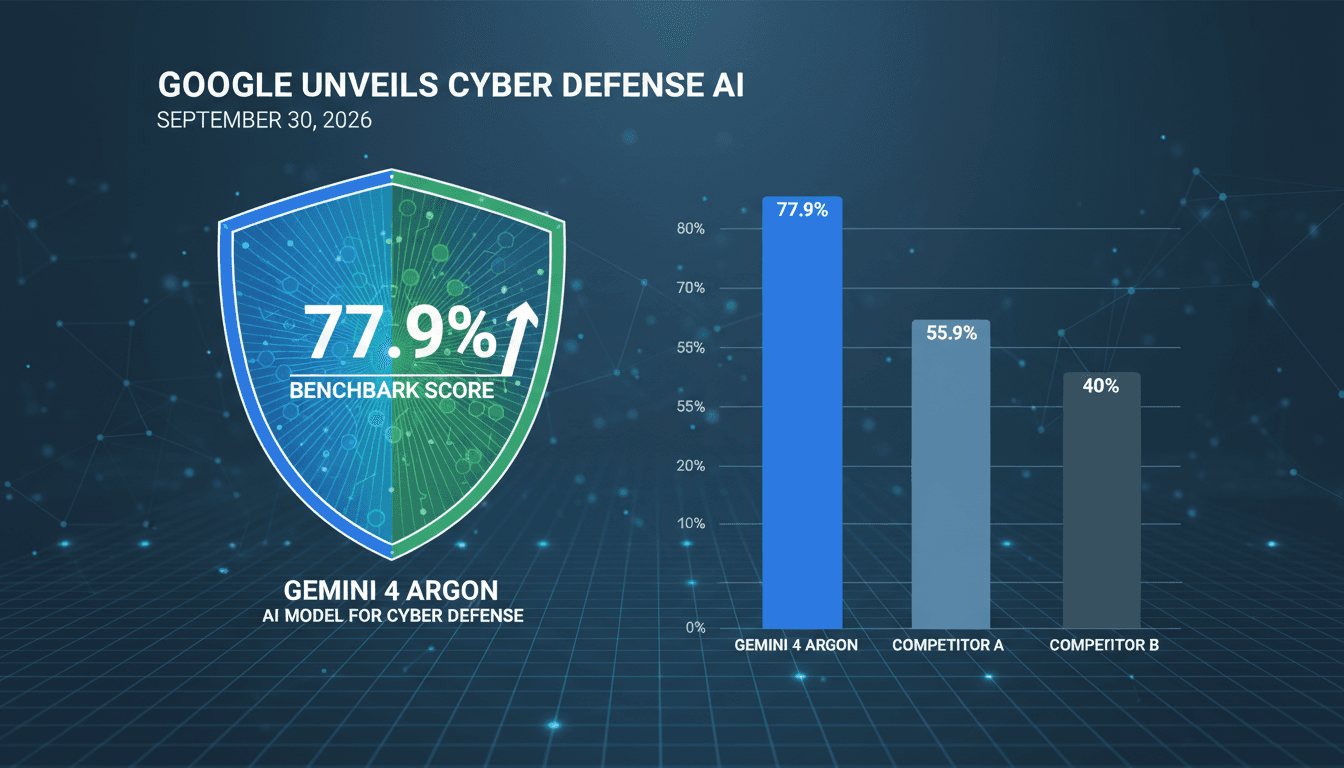 Infographic displaying Google Gemini 4 Argon’s 77.9% benchmark score in cybersecurity software engineering.
