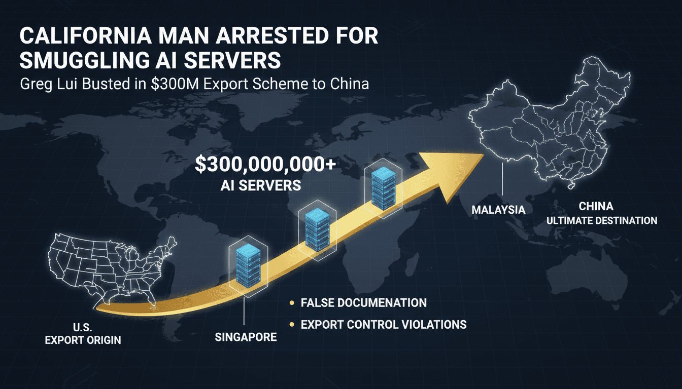 Infographic showing the smuggling route of AI servers from the U.S. to China through Malaysia and Singapore.