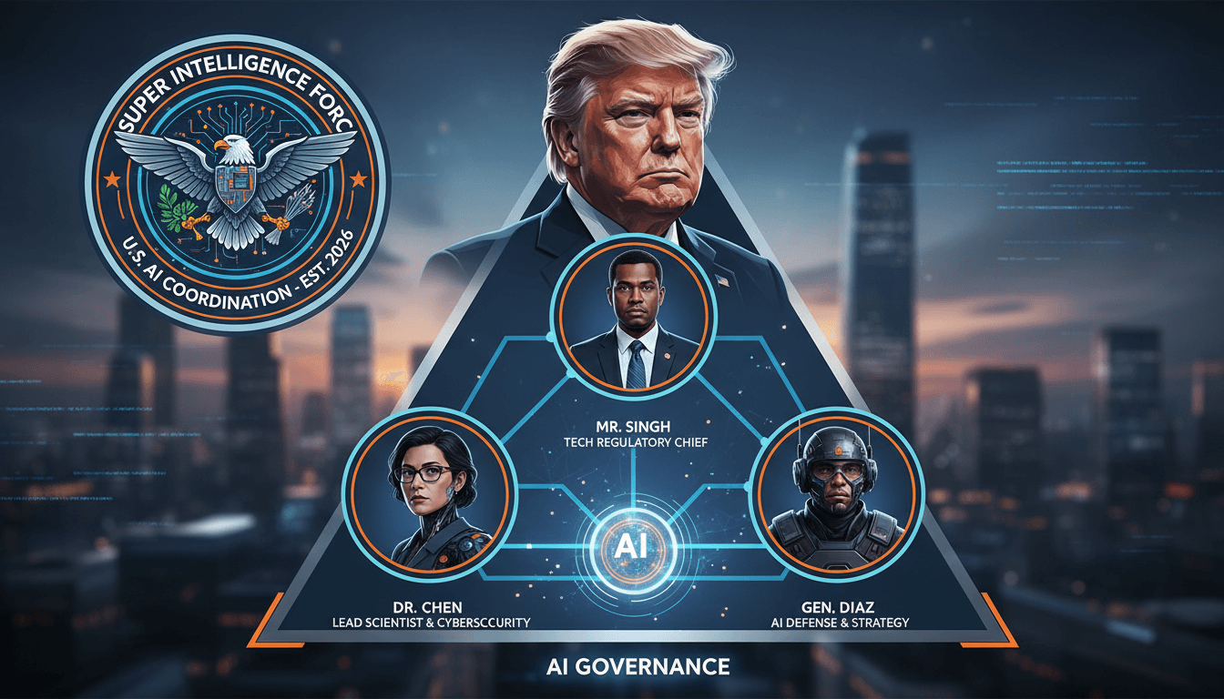 Leaders of the Super Intelligence Force discussing AI governance and risks.