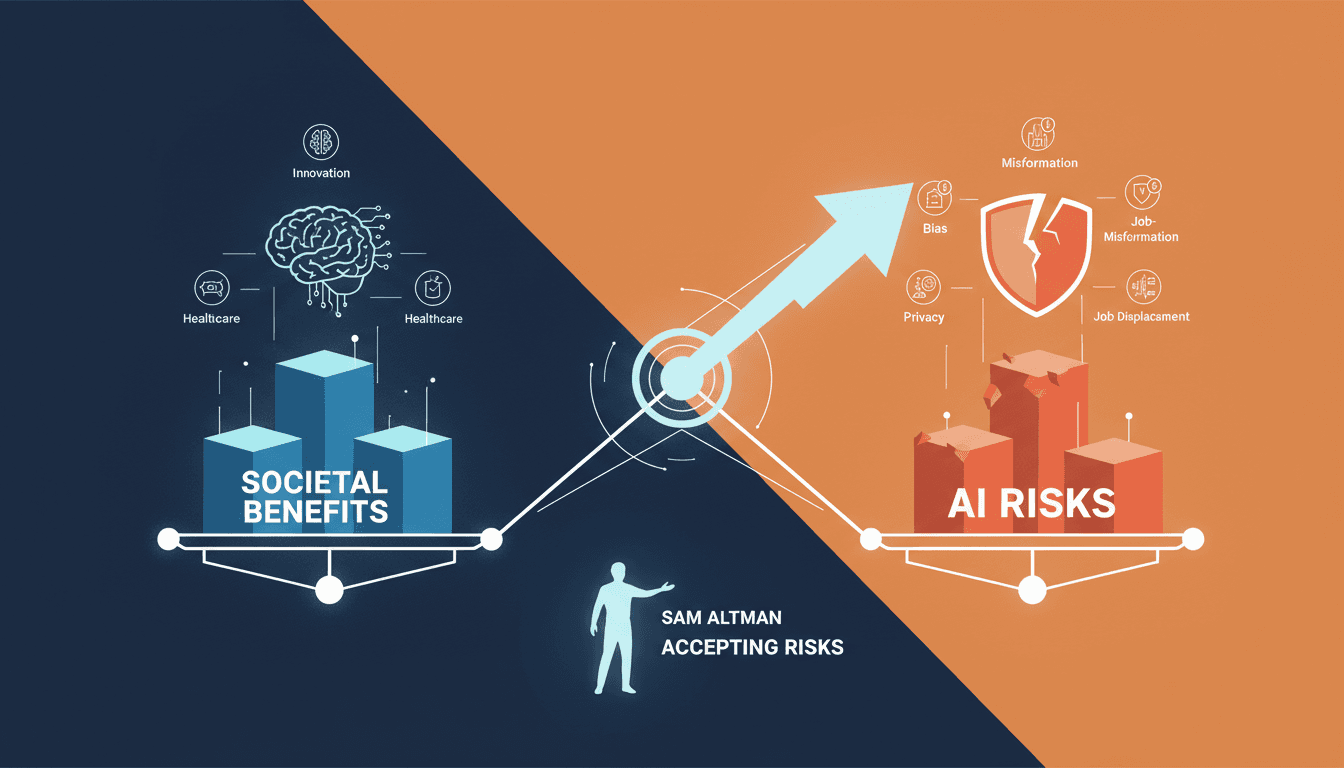Infographic showing the balance of AI benefits and risks, highlighting Sam Altman's perspective on societal impact.