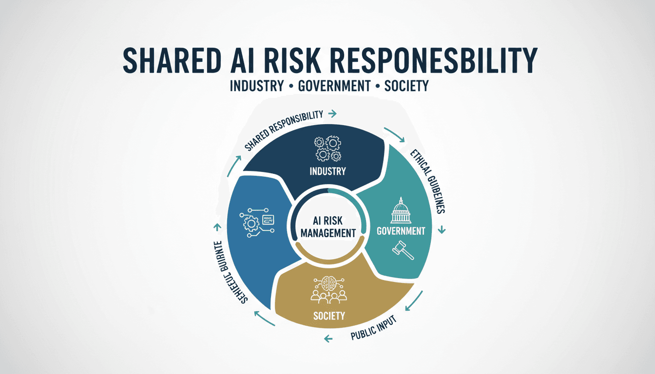 Infographic showing shared AI risk responsibility among industry, government, and society.