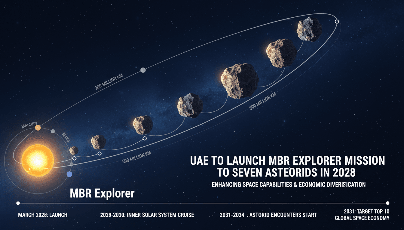 Infographic of the UAE's MBR Explorer mission, detailing its journey and objectives in asteroid exploration.