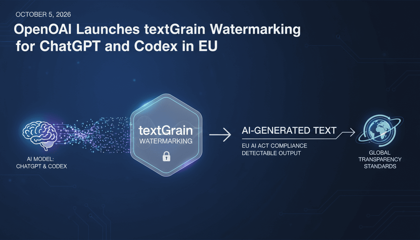 Infographic showing OpenAI's textGrain watermarking process and its impact on AI-generated text.