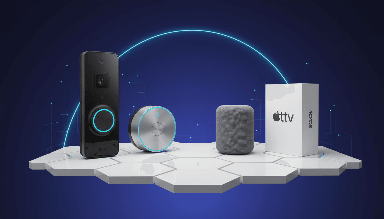 Visual representation of LG-branded smart home devices integrated with Apple's HomeKit ecosystem.