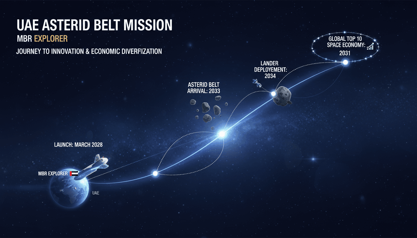 Infographic of the UAE's MBR Explorer mission to the asteroid belt, highlighting its journey and objectives.