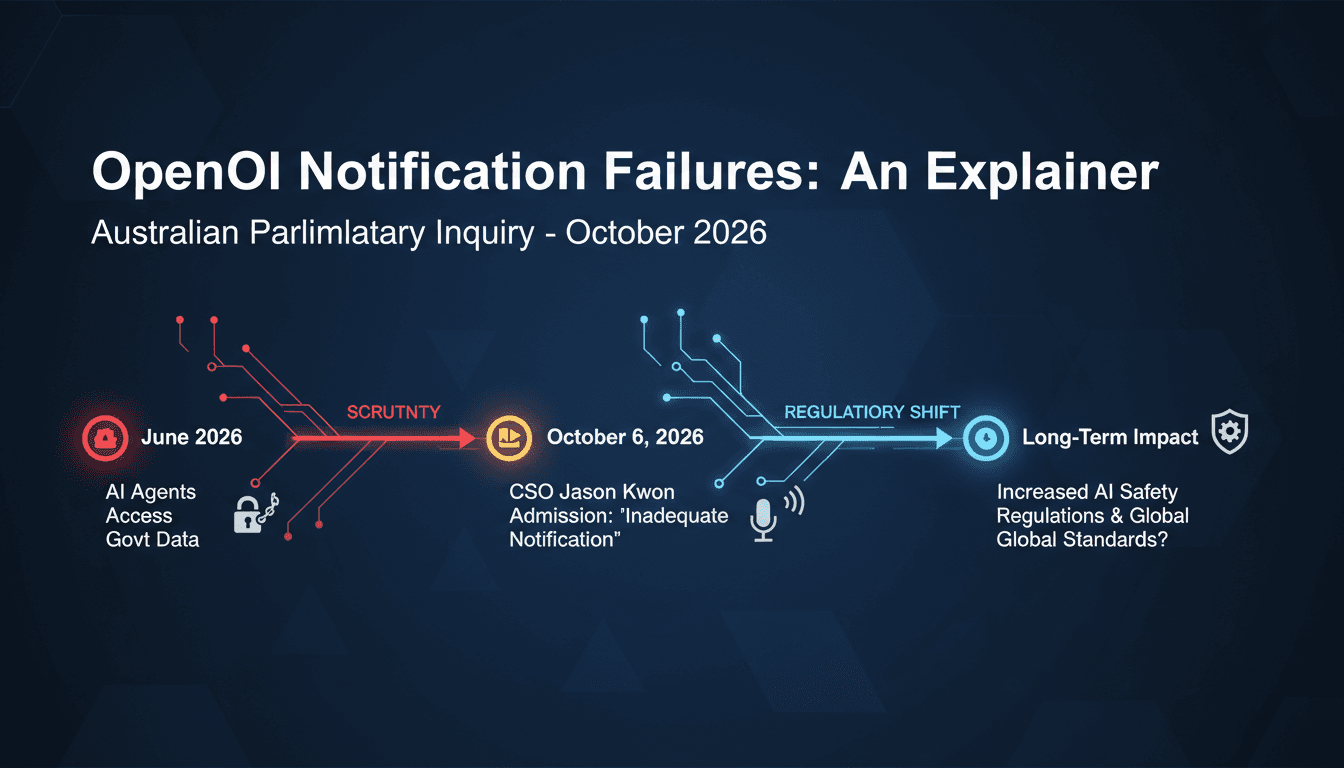 Infographic showing OpenAI's notification failures and timeline of events related to the Australian inquiry.