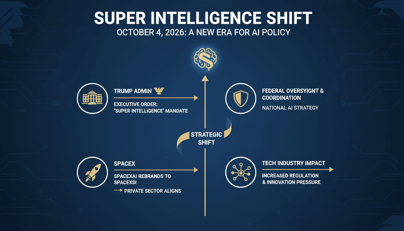 Infographic showing the timeline and implications of the Trump Administration's Super Intelligence rebranding.