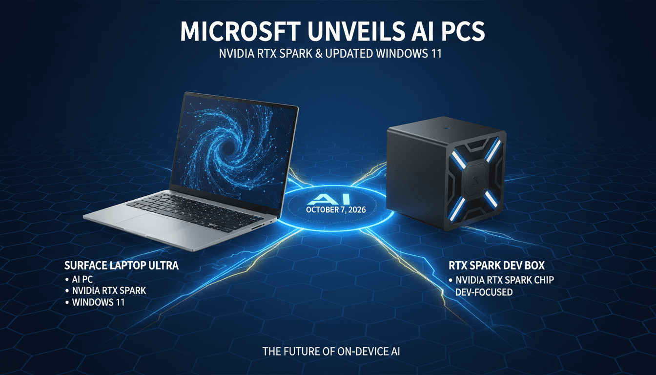 Microsoft Surface Laptop Ultra and RTX Spark Dev Box showcasing AI capabilities and performance specs.