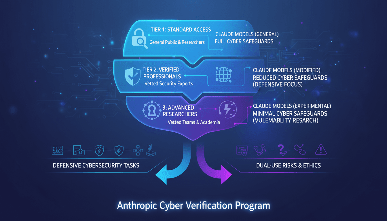 Infographic showing the tiered access structure of Anthropic's Cyber Verification Program and its implications for cybersecurity.