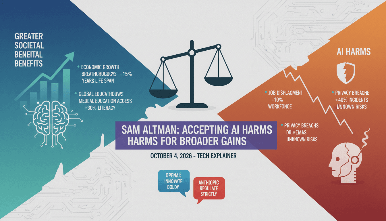Infographic showing the trade-offs between AI benefits and harms, featuring Sam Altman's perspective on societal acceptance.