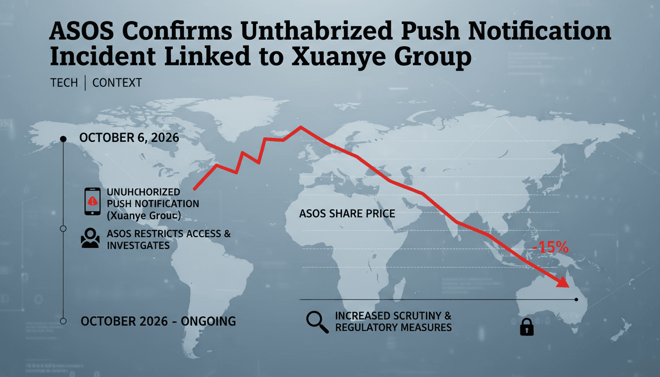 Infographic detailing the ASOS unauthorized push notification incident and its effects on data security and share prices.