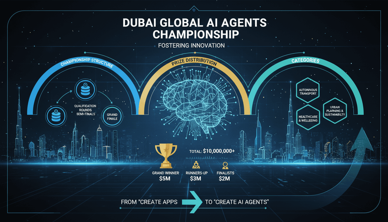 Infographic showing Dubai's Create AI Agents Championship structure and prize distribution.