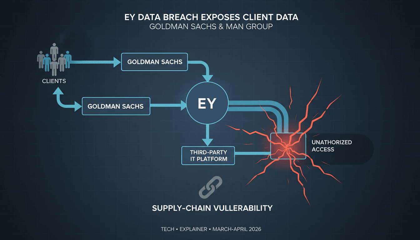Infographic showing the EY data breach impact on Goldman Sachs and Man Group clients, highlighting supply chain vulnerabilities.
