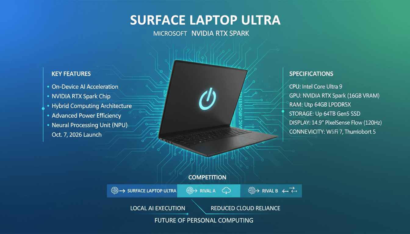 An infographic detailing the features of the Microsoft Surface Laptop Ultra with Nvidia RTX Spark chip.