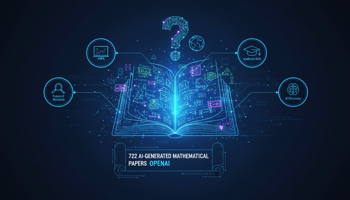 Infographic showing key findings from OpenAI's AI-generated mathematical papers and their potential impact on research.