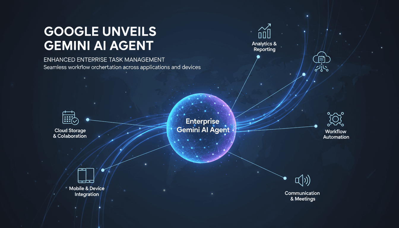 Visual representation of Google’s Enterprise Gemini Agent managing tasks across multiple applications and devices.
