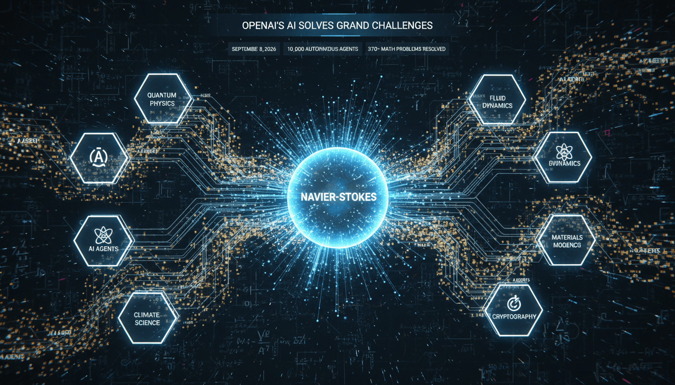 An infographic showing OpenAI's AI agents solving the Navier-Stokes problem and its impact on mathematics.