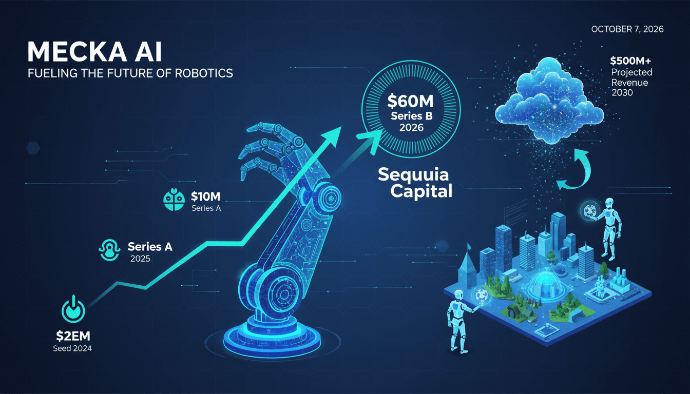 Infographic detailing Mecka AI's $60 million Series B funding and revenue growth projections.