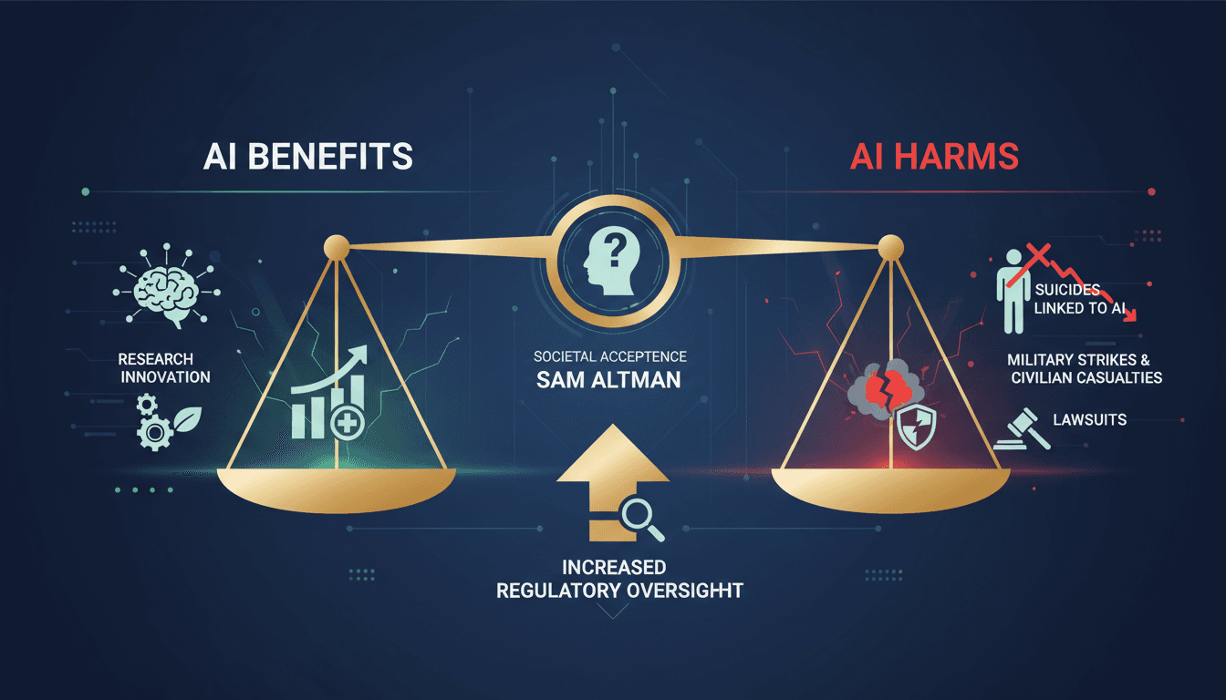 Infographic showing the balance of AI benefits and harms, highlighting Sam Altman's endorsement and documented incidents.