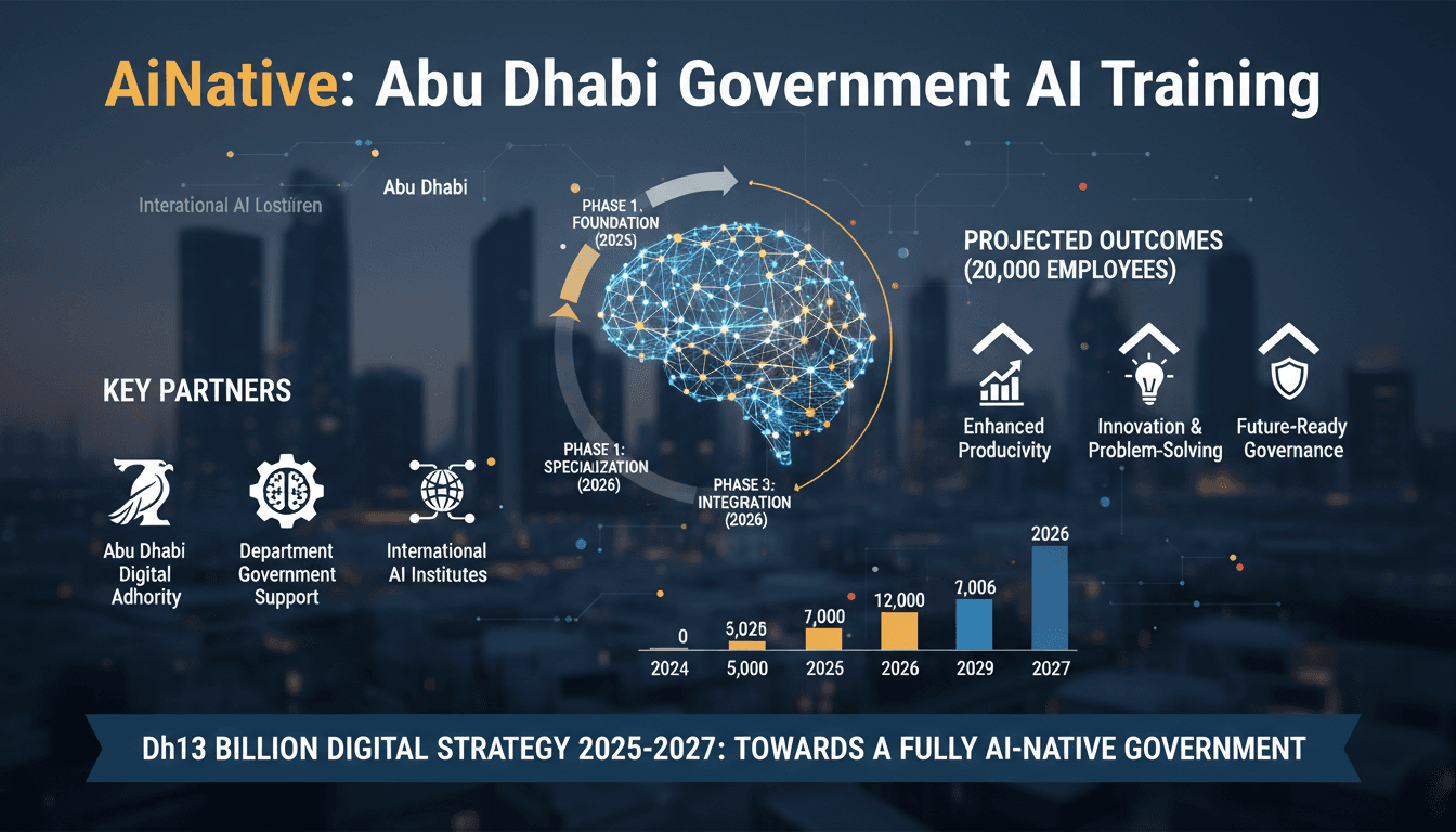 Infographic showing Abu Dhabi's AiNative programme details, partners, and training goals for government employees.
