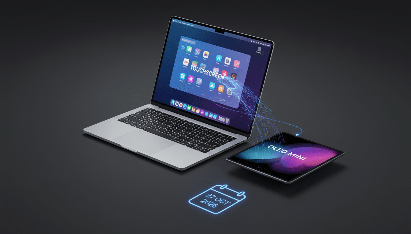 A sleek touchscreen MacBook Pro and OLED iPad mini, highlighting Apple's innovative technology.