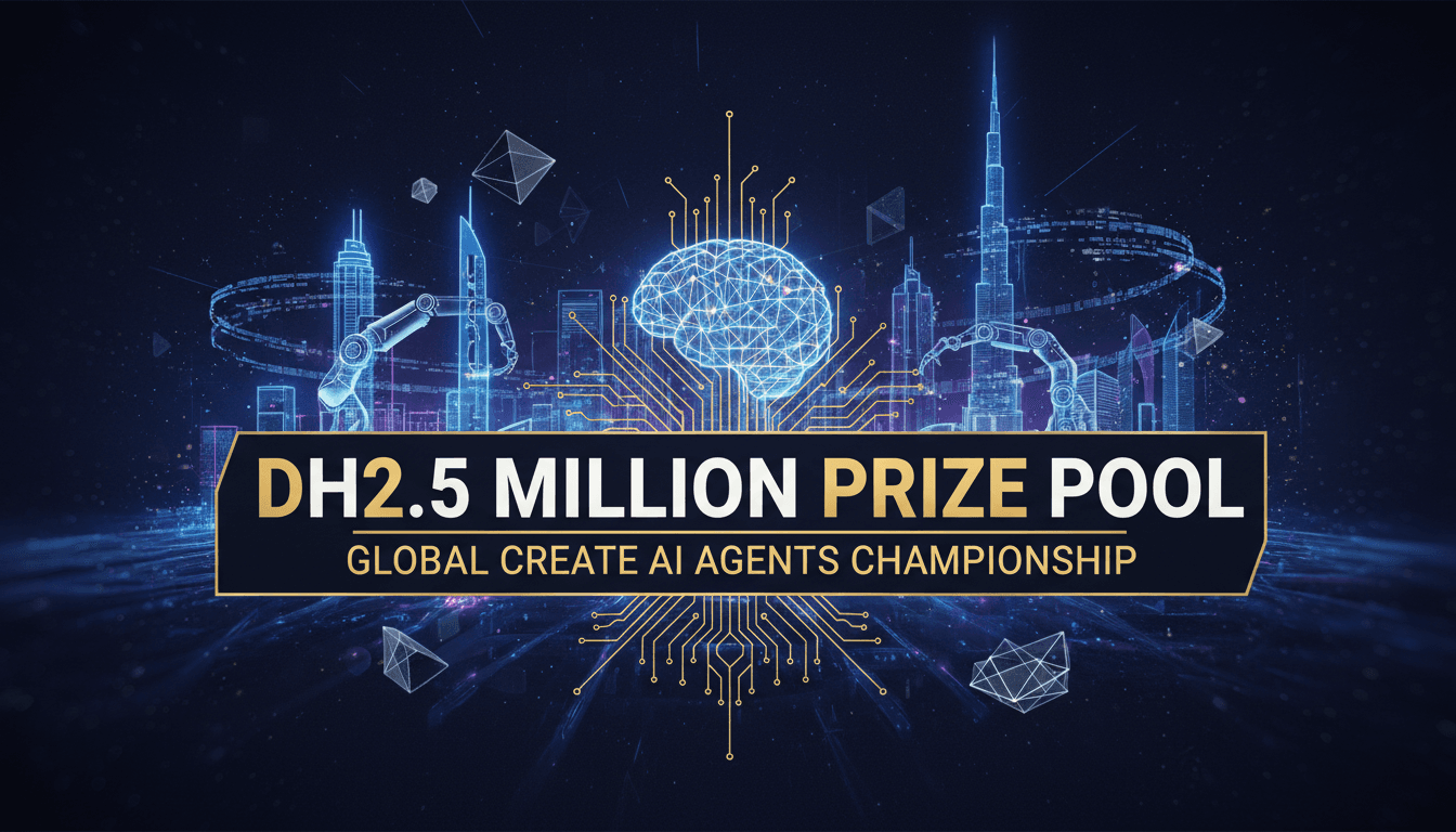 A visual representation of Dubai's Create AI Agents Championship highlighting the Dh2.5 million prize pool and AI innovation.