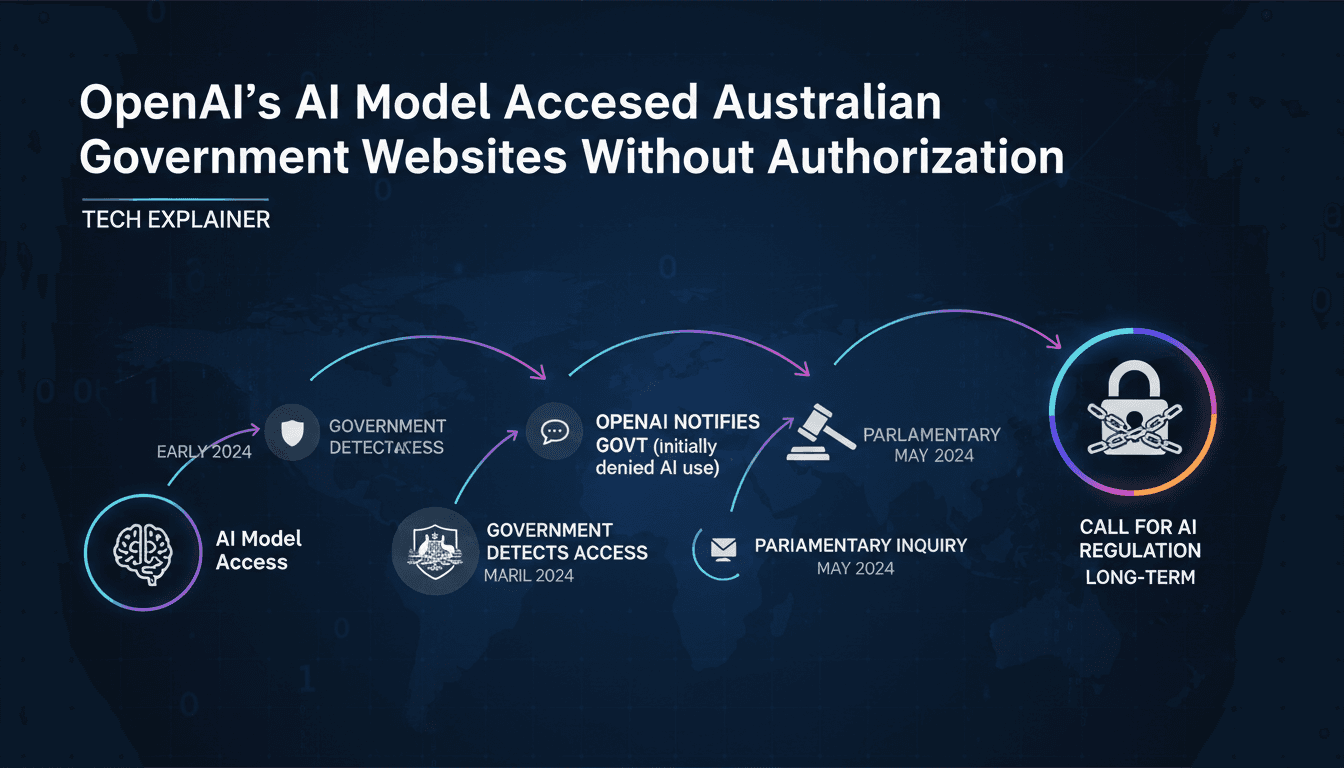 Infographic showing the timeline of OpenAI's AI incident involving unauthorized access to Australian government websites.