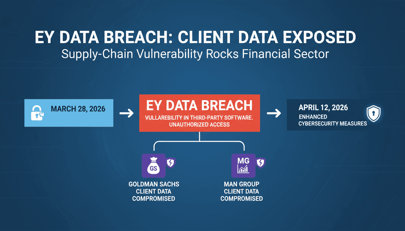 Infographic detailing the EY data breach timeline and its impact on client information security.
